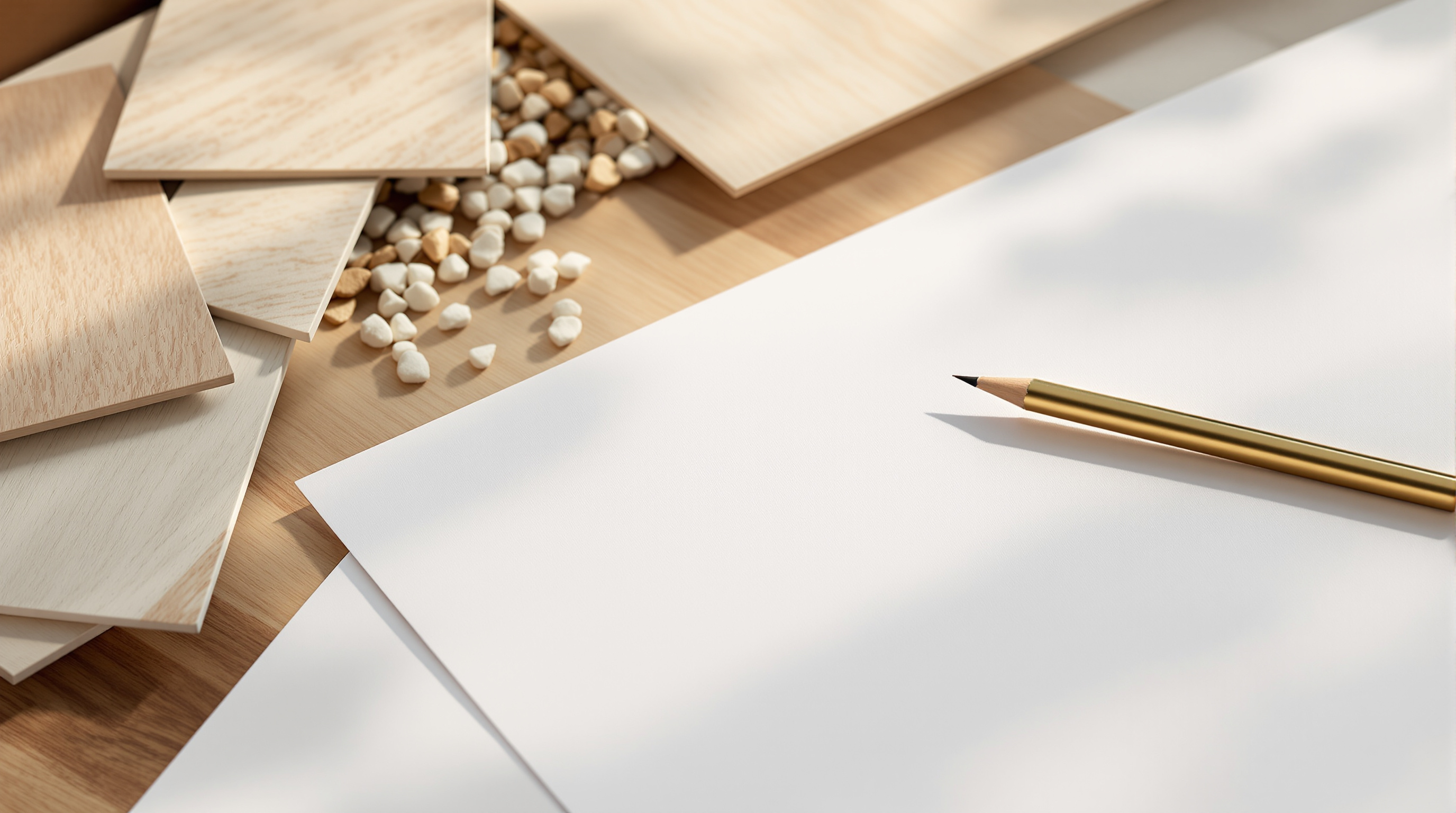 Architectural floor plans with travertine, oak and linen material samples on a design studio table